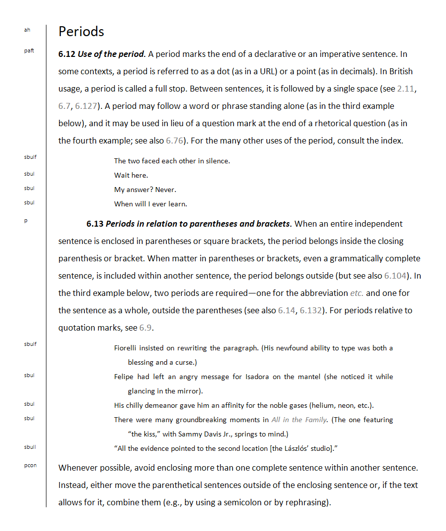 A page from a Microsoft Word document in draft view with the text of paragraphs 6.12 and 6.13 from the 17th edition of The Chicago Manual of Style.