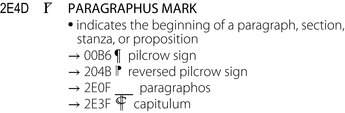 Screenshot from Unicode’s chart for supplemental punctuation (version 15.0) showing 2E4D, paragraphus mark, which is shaped like a capital F but with the second horizontal stroke angled upward to form a triangle with the top stroke.